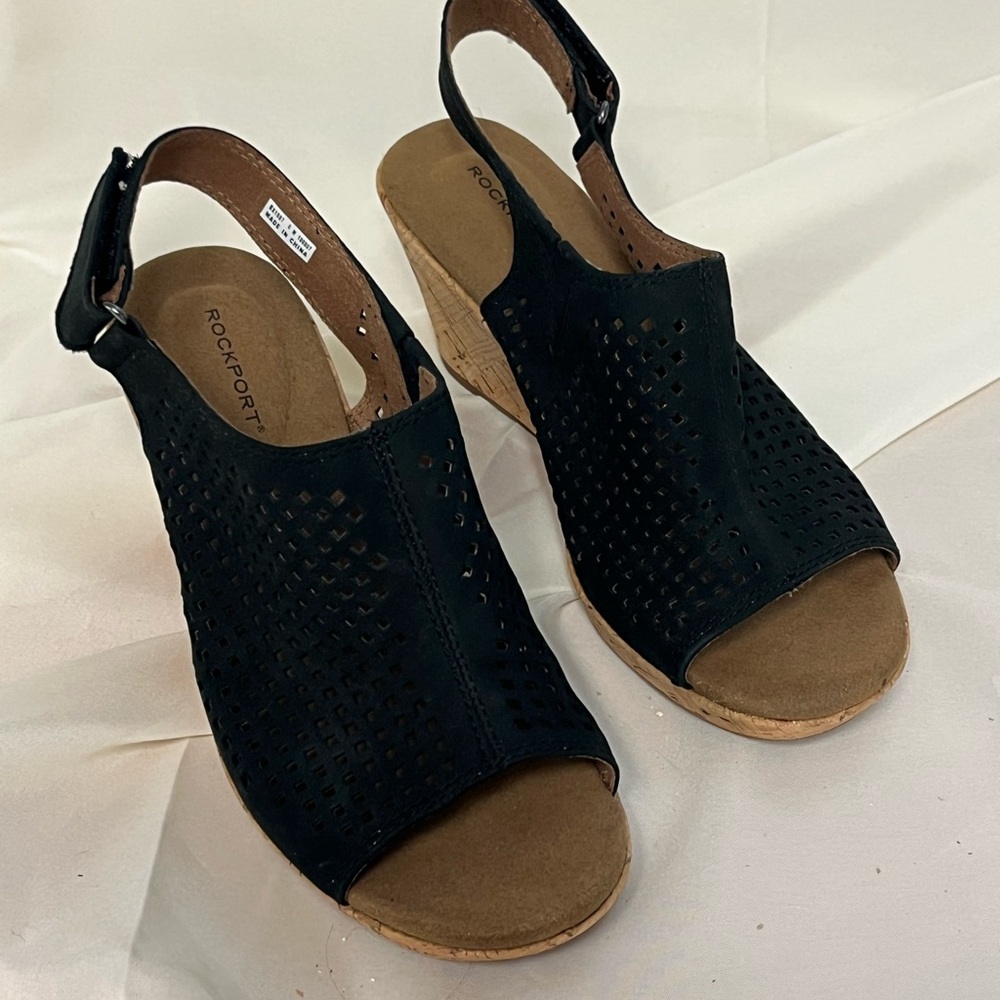 Rockport Black and Tan Wedge Sandals